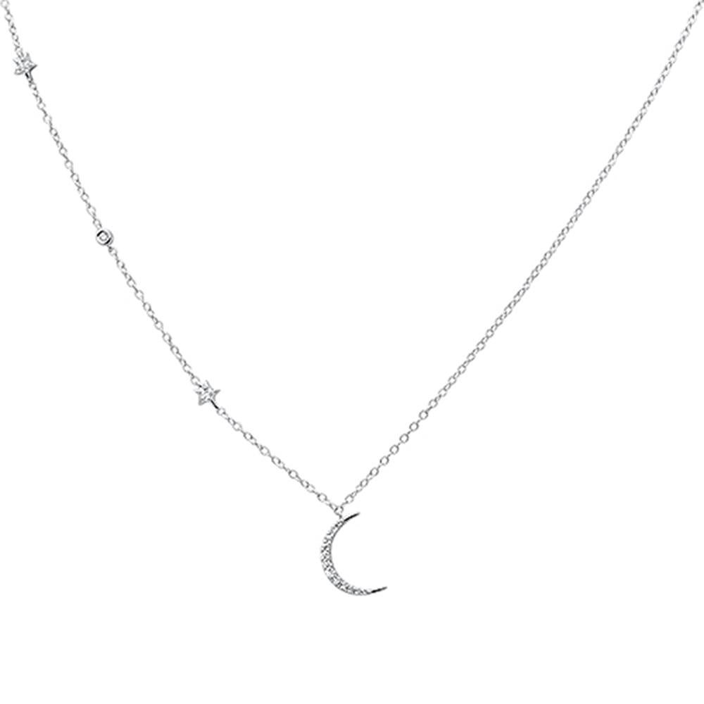 DIAMOND CLOSEOUT!  .11ct 14k White Gold Diamond Star Crescent Moon Trendy Necklace 18"