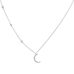 DIAMOND CLOSEOUT!  .11ct 14k White Gold Diamond Star Crescent Moon Trendy Necklace 18"