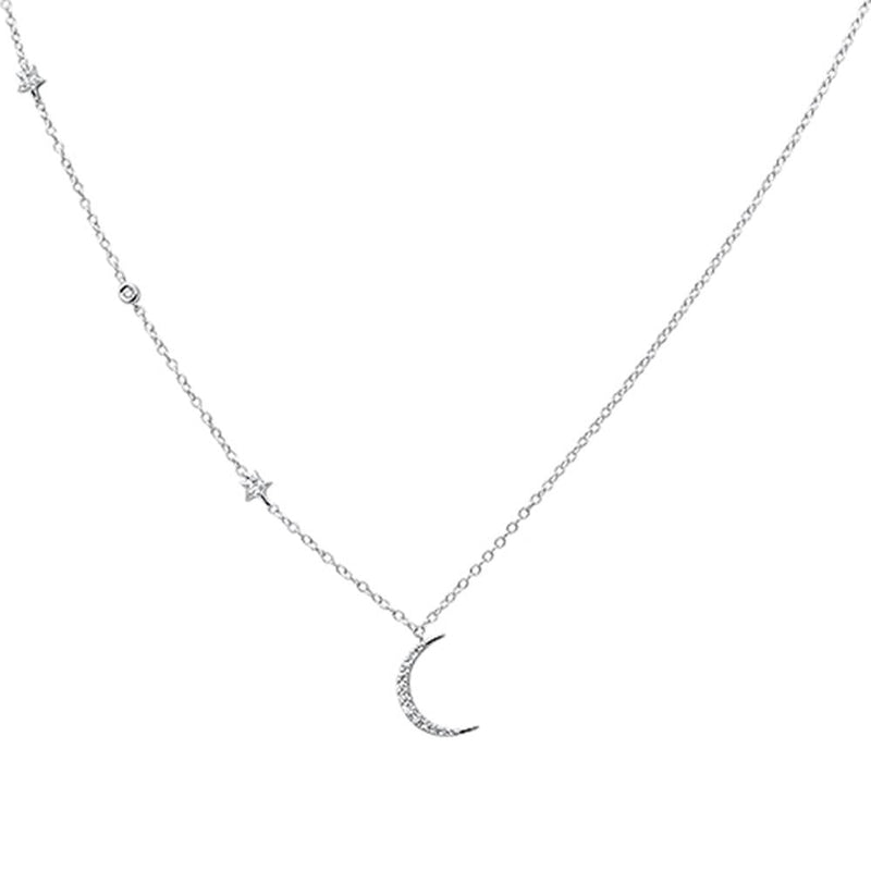 DIAMOND CLOSEOUT!  .11ct 14k White Gold Diamond Star Crescent Moon Trendy Necklace 18"