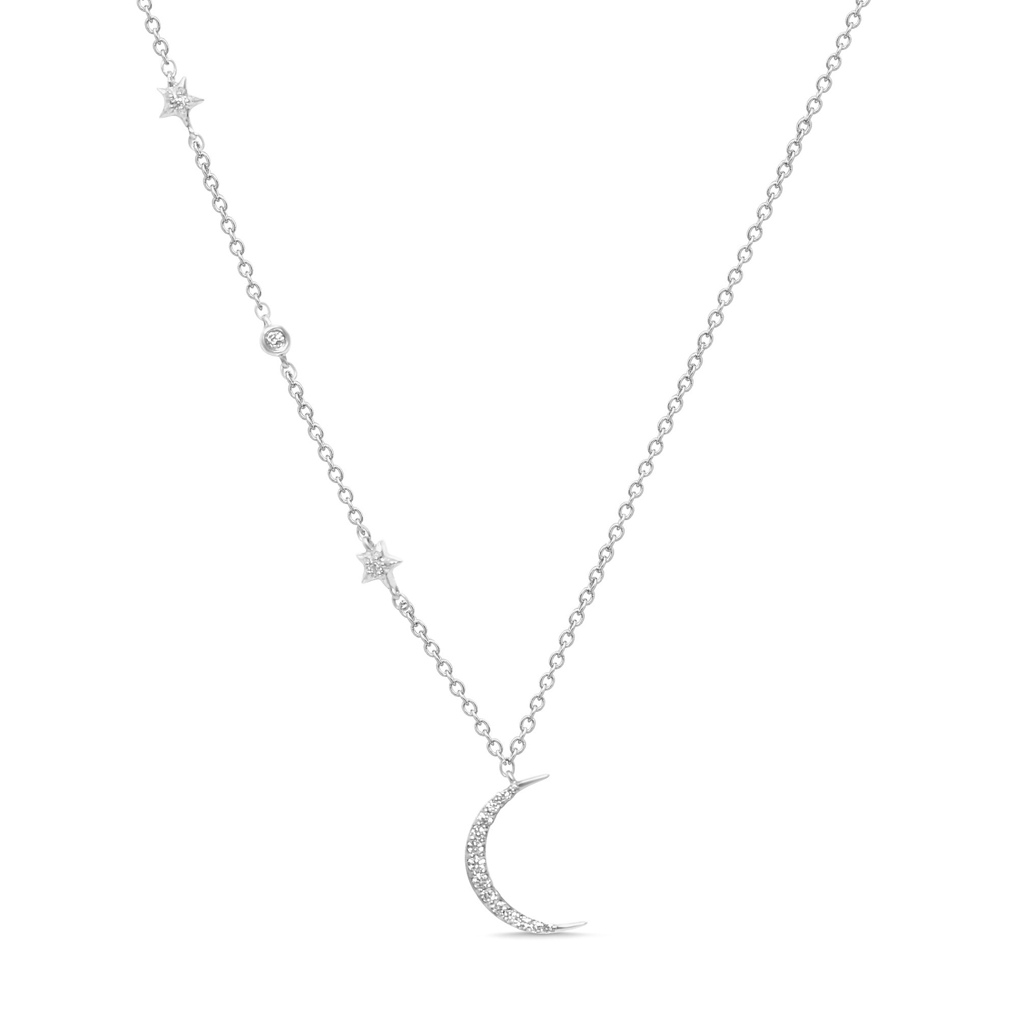 DIAMOND CLOSEOUT!  .11ct 14k White Gold Diamond Star Crescent Moon Trendy Necklace 18"