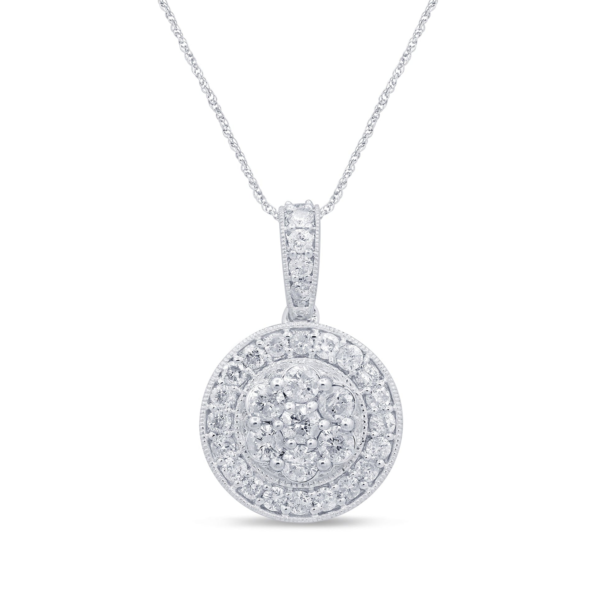 DIAMOND  CLOSEOUT!  .97ct 14k White Gold Diamond Halo Round Bezel Pendant Necklace 18"