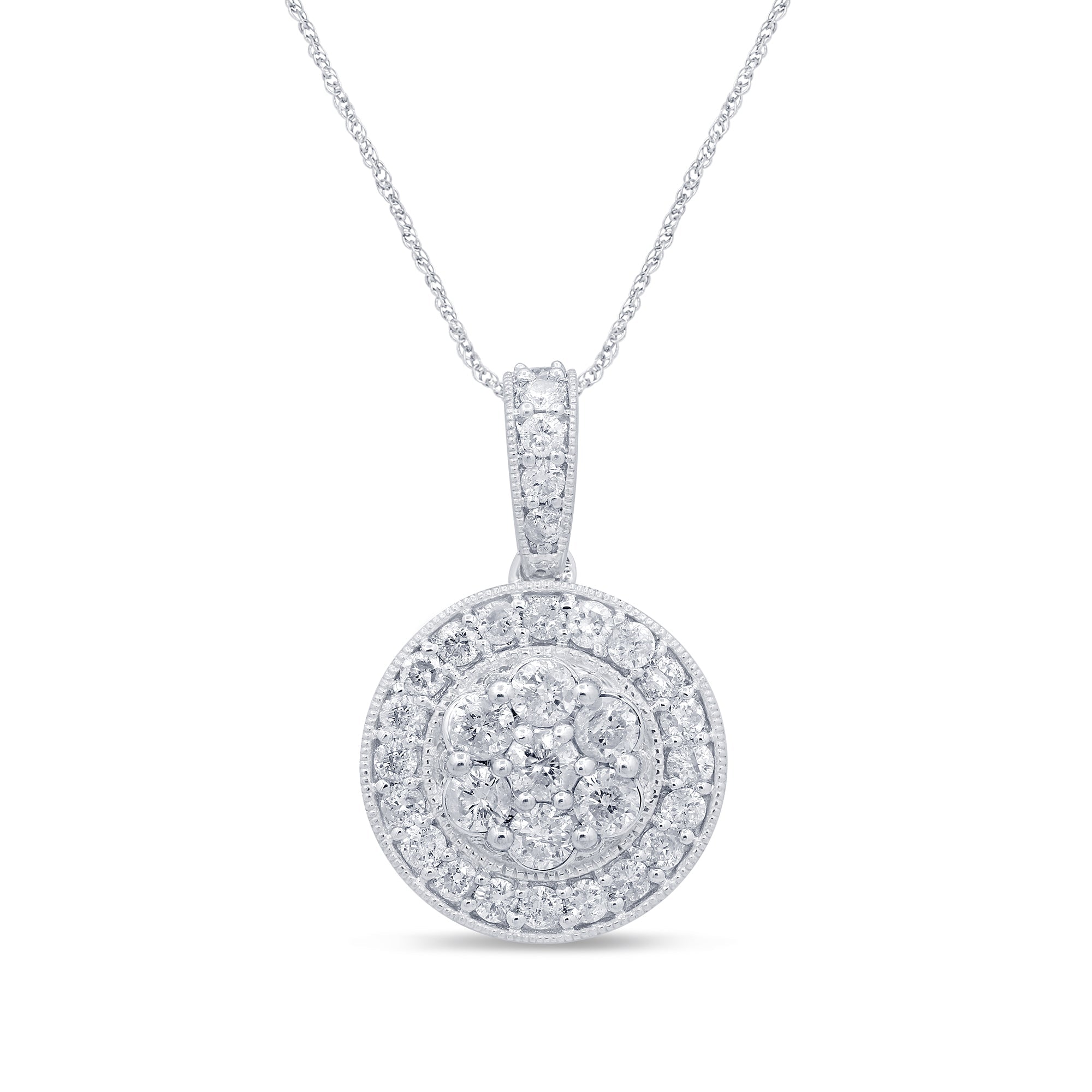 DIAMOND  CLOSEOUT!  .97ct 14k White Gold Diamond Halo Round Bezel Pendant Necklace 18"