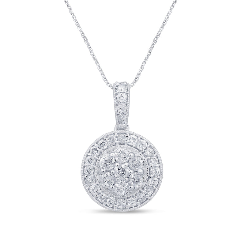 DIAMOND  CLOSEOUT!  .97ct 14k White Gold Diamond Halo Round Bezel Pendant Necklace 18"