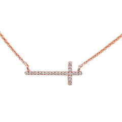 DIAMOND CLOSEOUT! .06ct 10k Rose Gold Diamond Sideways Cross Trendy Pendant Necklace 18"