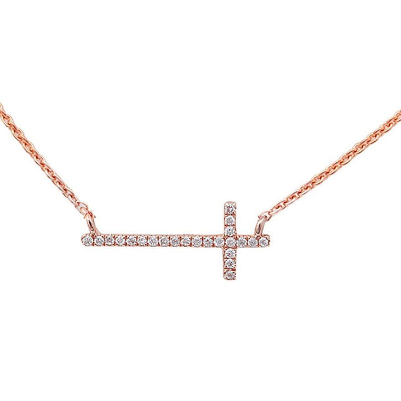 DIAMOND CLOSEOUT! .06ct 10k Rose Gold Diamond Sideways Cross Trendy Pendant Necklace 18"