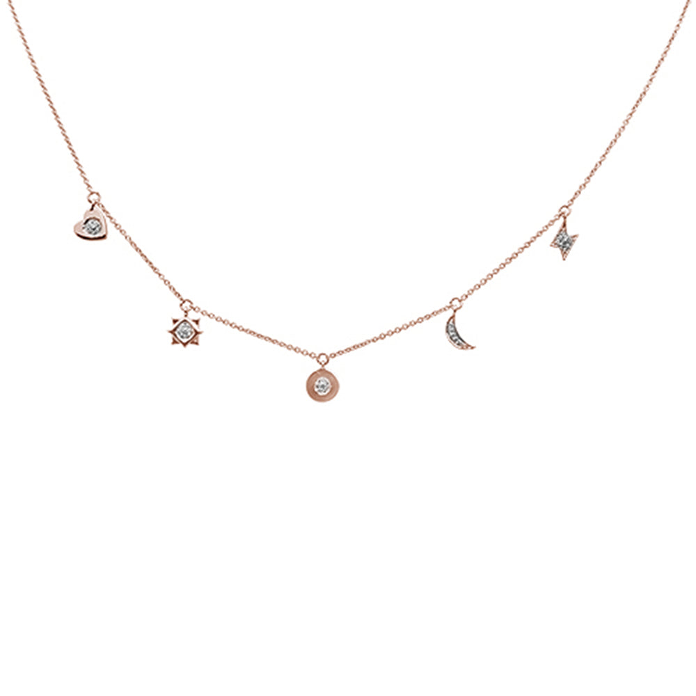 DIAMOND CLOSEOUT! .08ct 14kt Rose Gold Diamond Moon Star Heart Charm Pendant Necklace 16"+2"