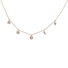 DIAMOND CLOSEOUT! .08ct 14kt Rose Gold Diamond Moon Star Heart Charm Pendant Necklace 16"+2"