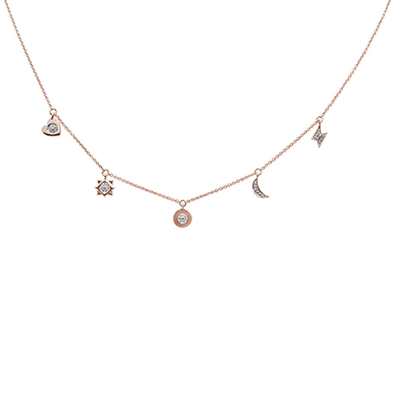 DIAMOND CLOSEOUT! .08ct 14kt Rose Gold Diamond Moon Star Heart Charm Pendant Necklace 16"+2"