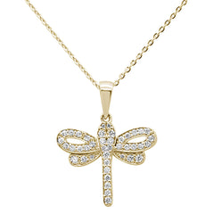 SPECIAL!.32ct 14K Yellow Gold Round Diamond Dragonfly Pendant Necklace 16"+ 2" Ext.