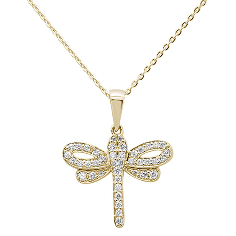 SPECIAL!.32ct 14K Yellow Gold Round Diamond Dragonfly Pendant Necklace 16"+ 2" Ext.