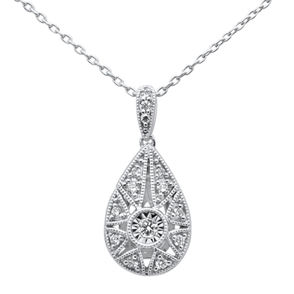 DIAMOND CLOSEOUT! .12ct 14k White Gold Diamond Antique Style Pear Tear drop Necklace 18"