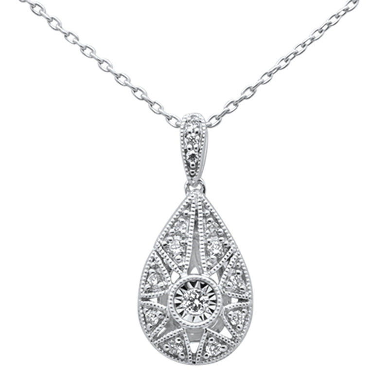 DIAMOND CLOSEOUT! .12ct 14k White Gold Diamond Antique Style Pear Tear drop Necklace 18"