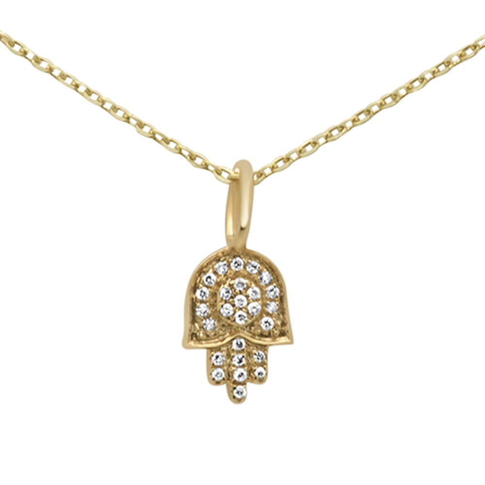 .05ct 14KT Yellow Gold Diamond Hand of Hamsa Pendant Necklace 18"