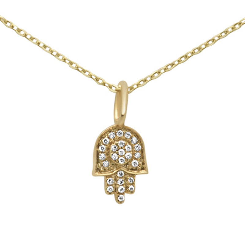 .05ct 14KT Yellow Gold Diamond Hand of Hamsa Pendant Necklace 18"