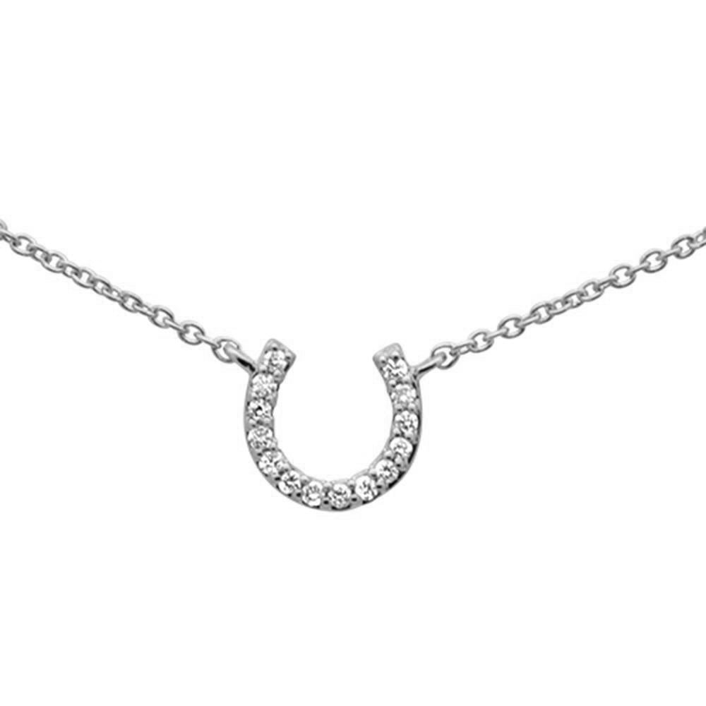DIAMOND CLOSEOUT! .05CT G SI 14K White Gold Diamond Horse Shoe Good Luck Pendant Necklace 16" + 2" Ext
