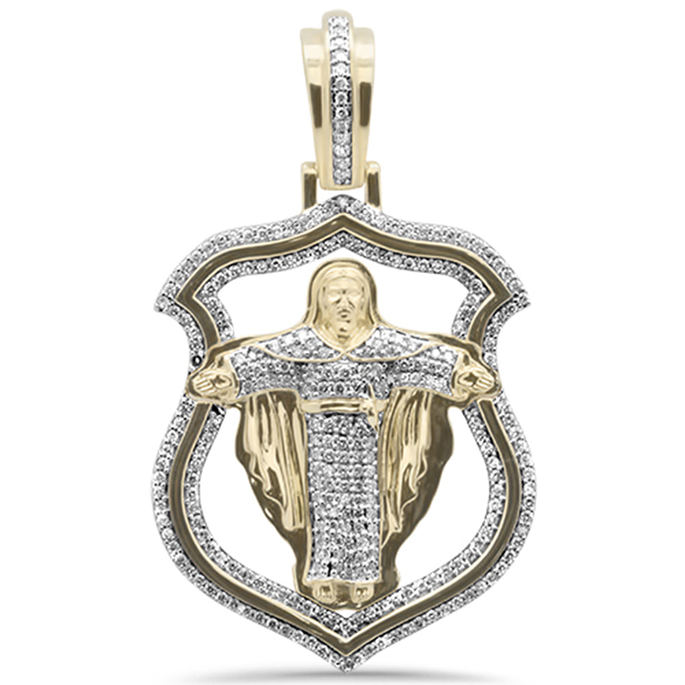 DIAMOND CLOSEOUT!  1.35CT G SI 10K Yellow Gold Diamond Micro Pave Badge Jesus on Cross Charm Pendant