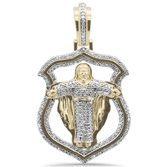 DIAMOND CLOSEOUT!  1.35CT G SI 10K Yellow Gold Diamond Micro Pave Badge Jesus on Cross Charm Pendant