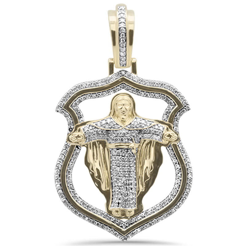 DIAMOND CLOSEOUT!  1.35CT G SI 10K Yellow Gold Diamond Micro Pave Badge Jesus on Cross Charm Pendant