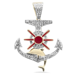 DIAMOND CLOSEOUT!  .33ct G SI 10K Yellow Gold Diamond & Red Enamel Anchor Hip Hop Pendant