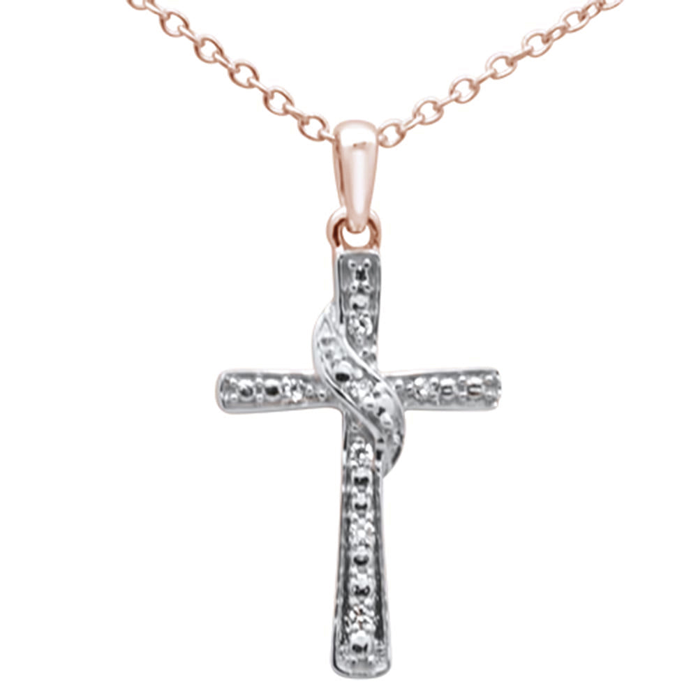 DIAMOND CLOSEOUT!  .03ct G SI 10K Rose Gold Diamond Cross Charm Pendant 18" Long