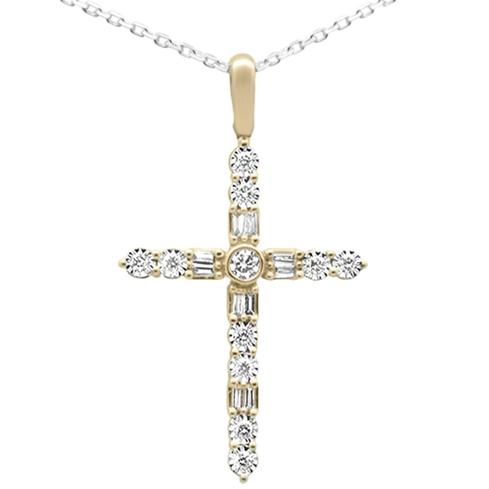 DIAMOND CLOSEOUT!  .25ct G SI 14K Yellow Gold Diamond Cross Baguette & Round Pendant 18" Long Chain