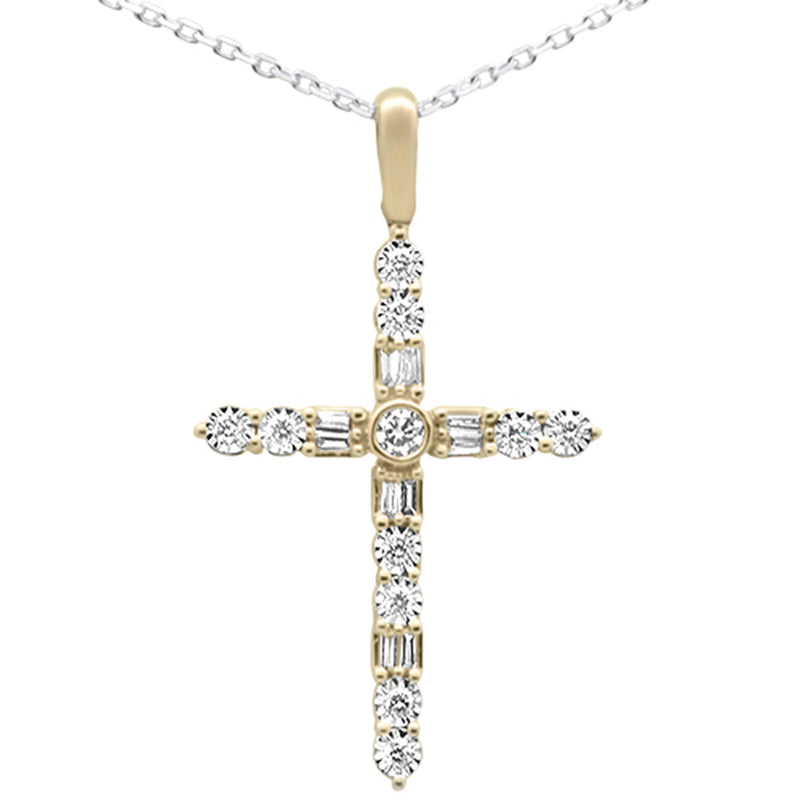 DIAMOND CLOSEOUT!  .25ct G SI 14K Yellow Gold Diamond Cross Baguette & Round Pendant 18" Long Chain