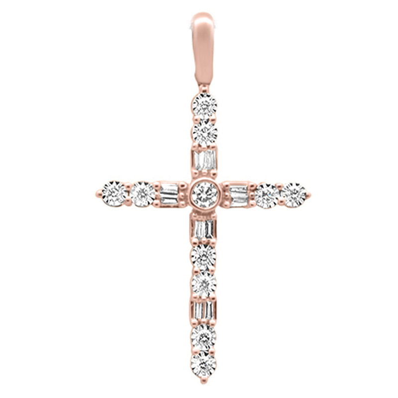 DIAMOND CLOSEOUT! .25ct G SI 14K Rose Gold Diamond Cross Baguette & Round Pendant