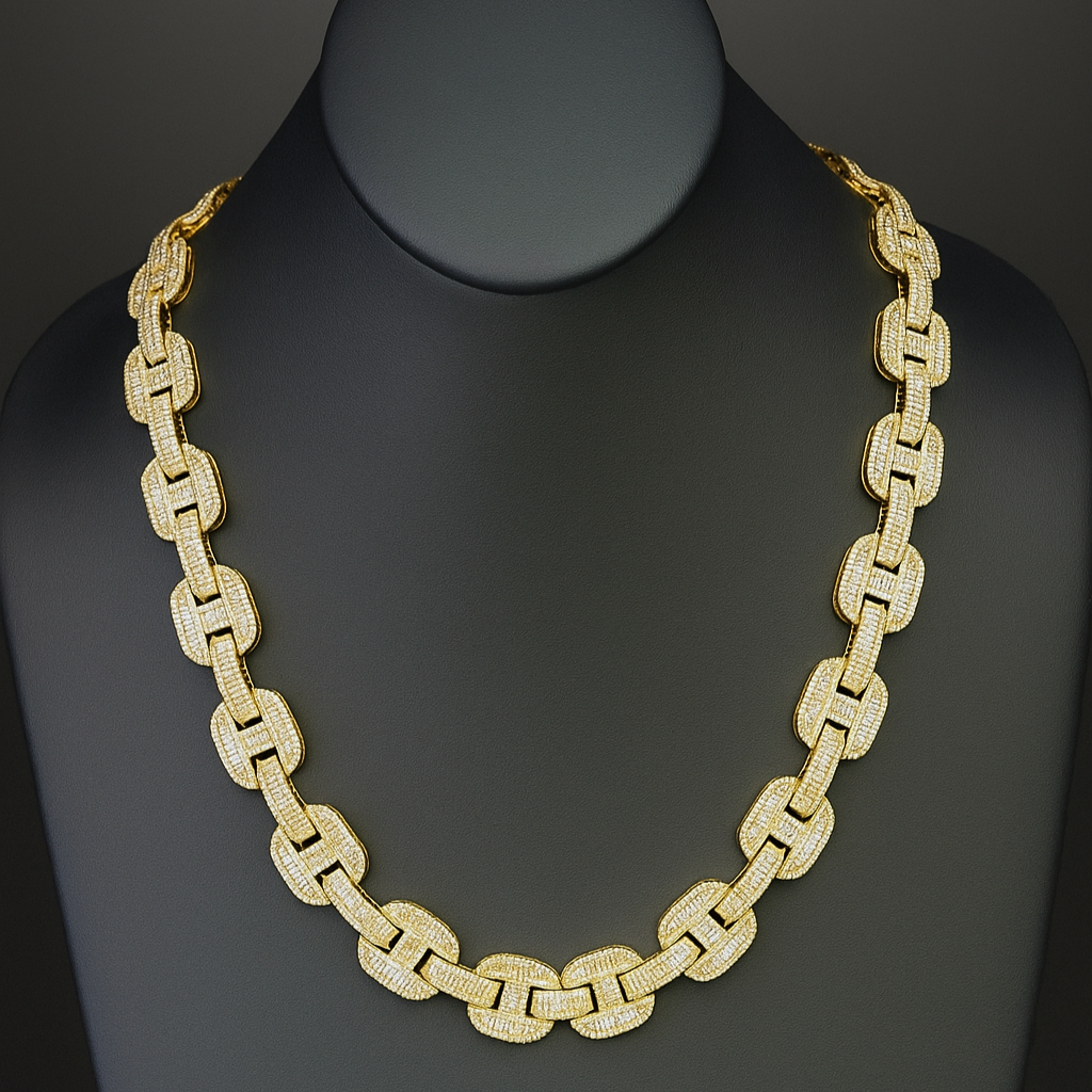 DIAMOND  CLOSEOUT! 15mm 29.63ct G SI 14K Yellow Gold Iced Out Diamond Round & Baguette Necklace 22"