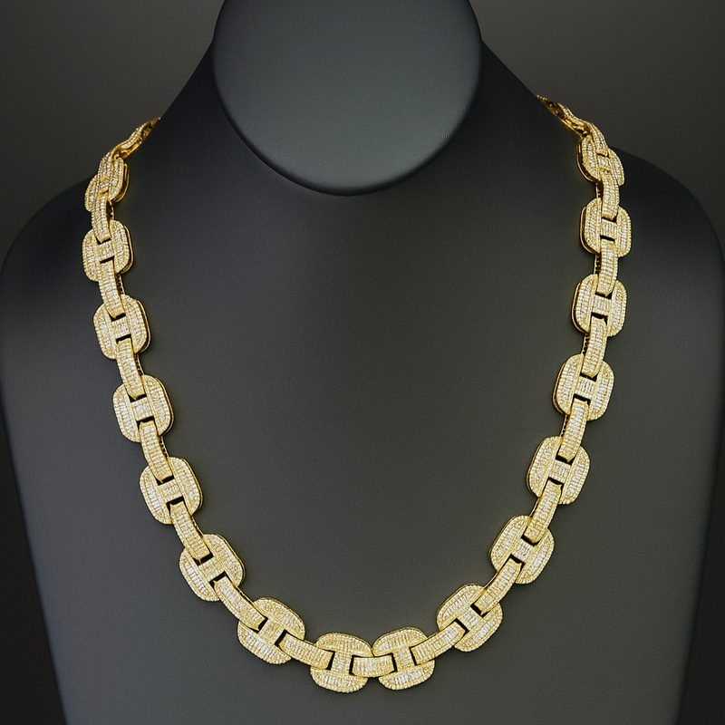 DIAMOND  CLOSEOUT! 15mm 29.63ct G SI 14K Yellow Gold Iced Out Diamond Round & Baguette Necklace 22"