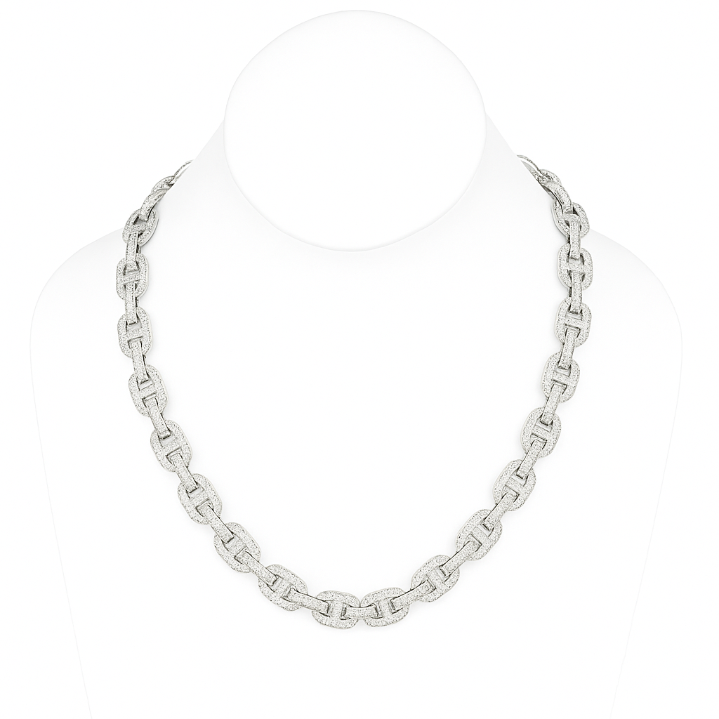 DIAMOND  CLOSEOUT!  11mm 17.95ct G SI 14K White Gold Iced Out Diamond Round & Baguette Necklace 22"