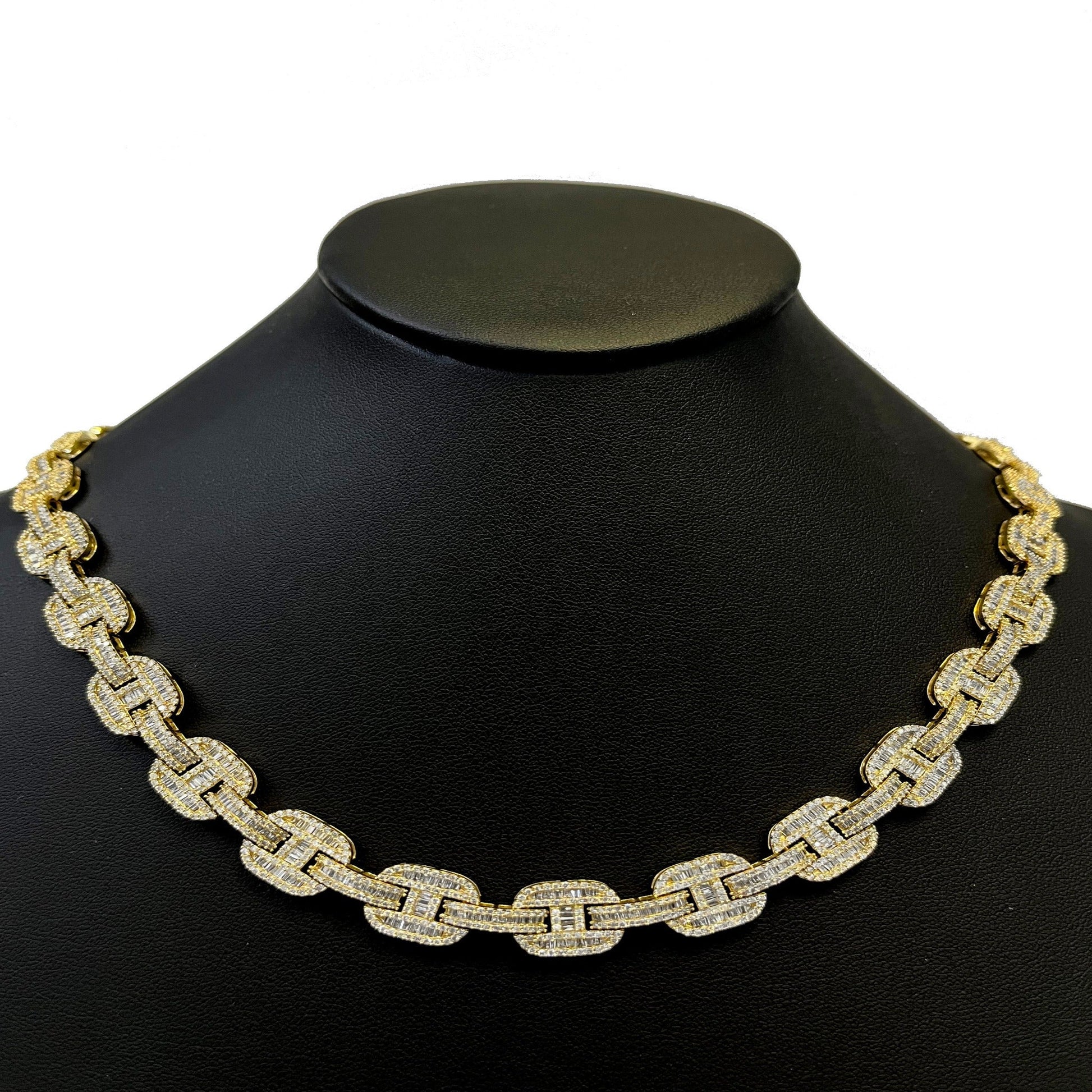 DIAMOND  CLOSEOUT!  11mm 17.95ct G SI 14K Yellow Gold Iced Out Diamond Round & Baguette Necklace 22"