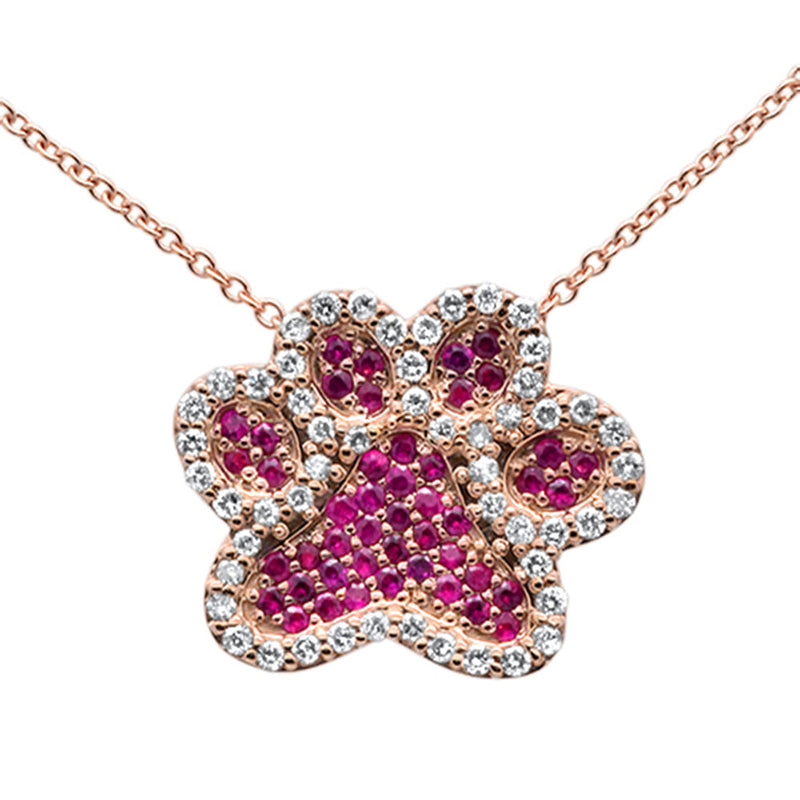 GEMSTONE CLOSEOUT!   .53ct G SI 14K Rose Gold Diamond Ruby Gemstones & Diamonds Dog Paw Pendant Necklace 18"
