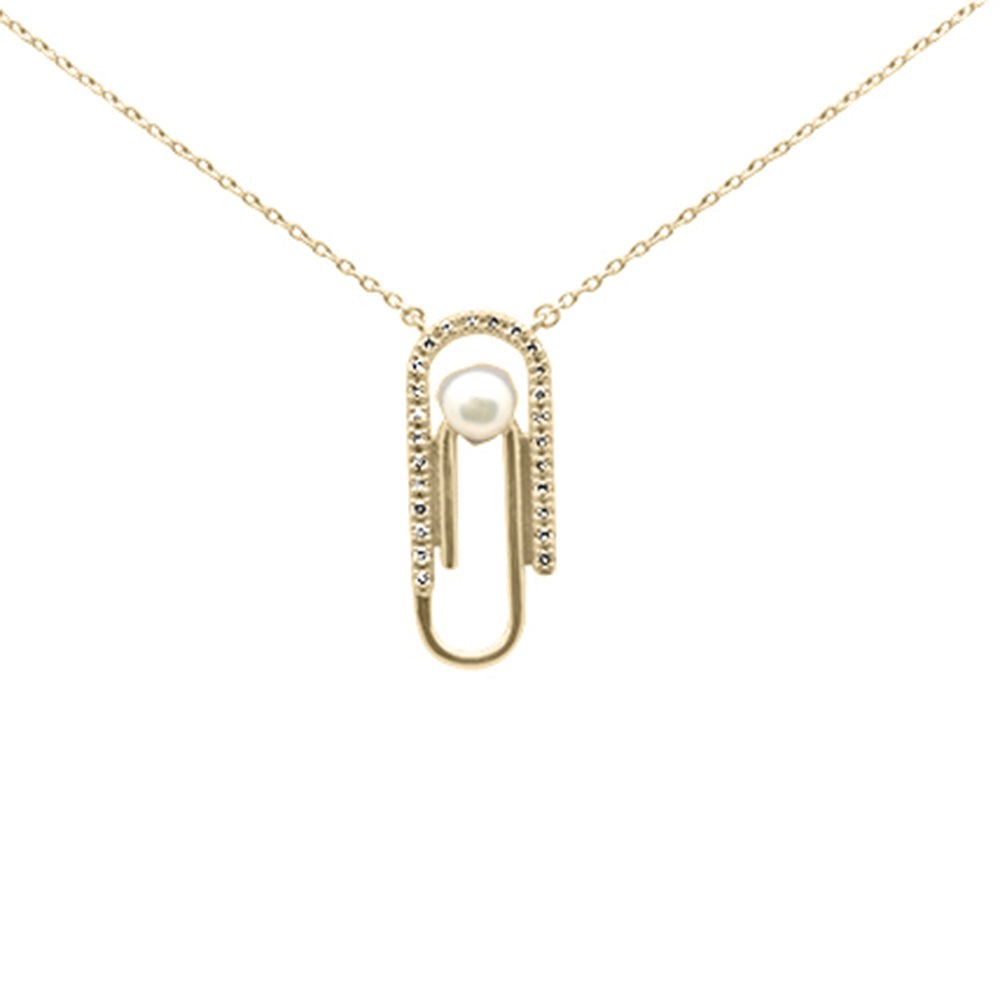 SPECIAL! .10ct G SI 14K Yellow Gold Diamond Pearl Paperclip Style Pendant Necklace