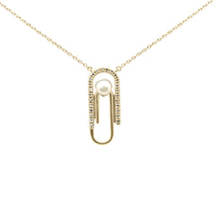 SPECIAL! .10ct G SI 14K Yellow Gold Diamond Pearl Paperclip Style Pendant Necklace
