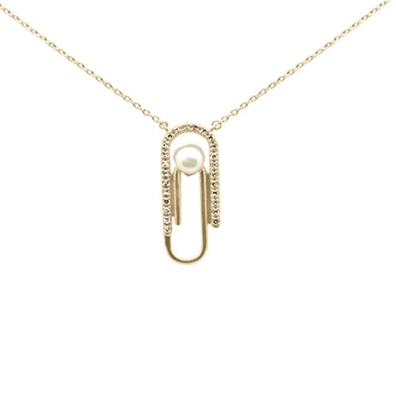 SPECIAL! .10ct G SI 14K Yellow Gold Diamond Pearl Paperclip Style Pendant Necklace