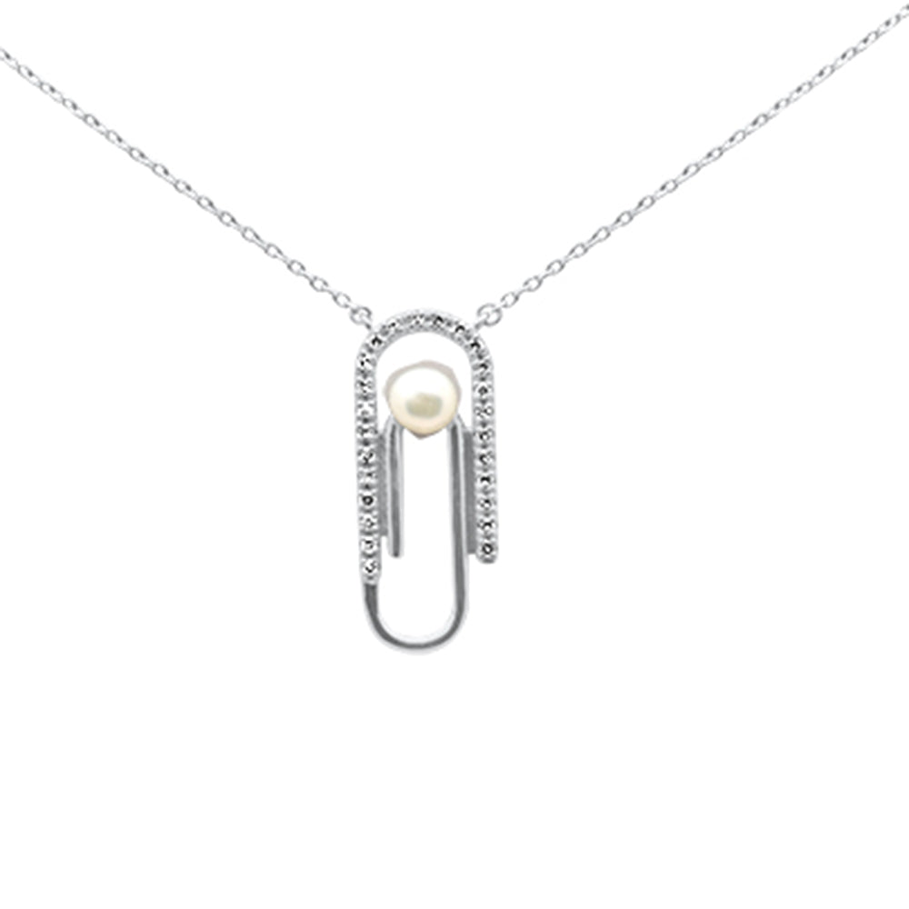 DIAMOND CLOSEOUT! .10ct G SI 14K White Gold Diamond Pearl Paperclip Style Pendant Necklace