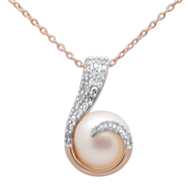 DIAMOND CLOSEOUT!  .12ct G SI 14K Rose Gold Diamond & Pearl Pendant Necklace 18" Long