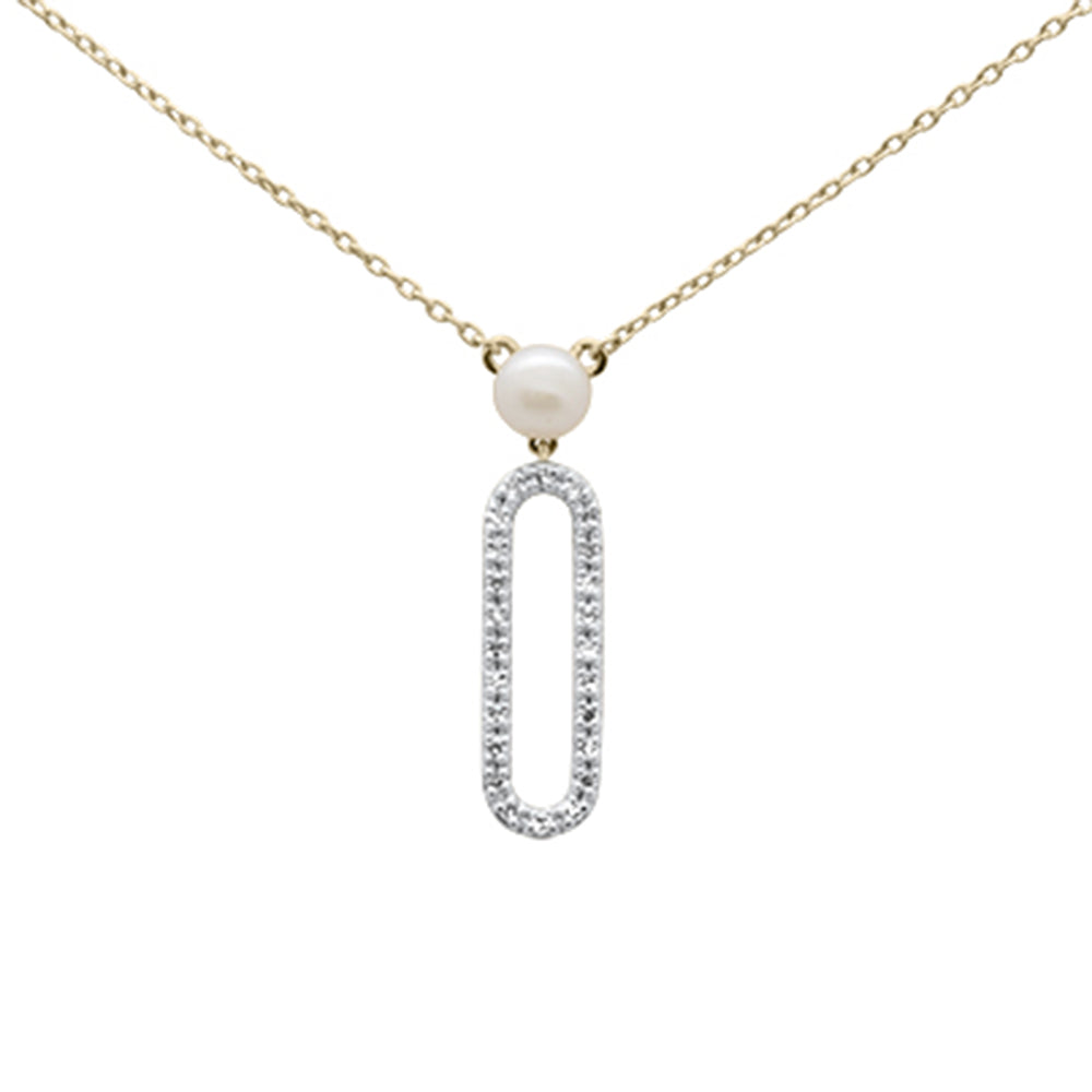 GEMSTONE CLOSEOUT ! .10ct G SI 14K Yellow Gold Diamond Pearl & Diamond Paperclip Pendant Necklace