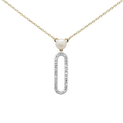 GEMSTONE CLOSEOUT ! .10ct G SI 14K Yellow Gold Diamond Pearl & Diamond Paperclip Pendant Necklace