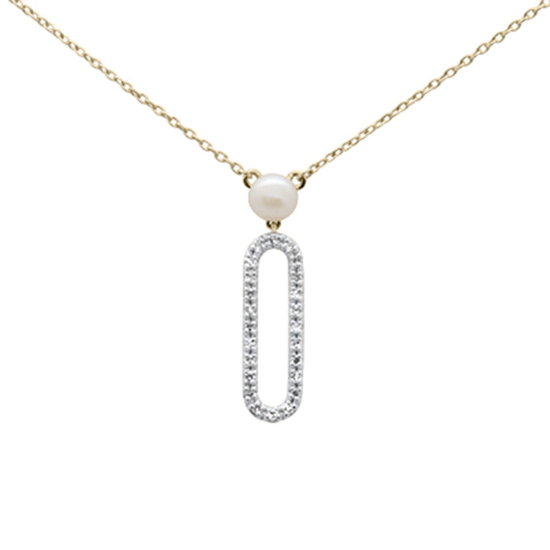 GEMSTONE CLOSEOUT ! .10ct G SI 14K Yellow Gold Diamond Pearl & Diamond Paperclip Pendant Necklace