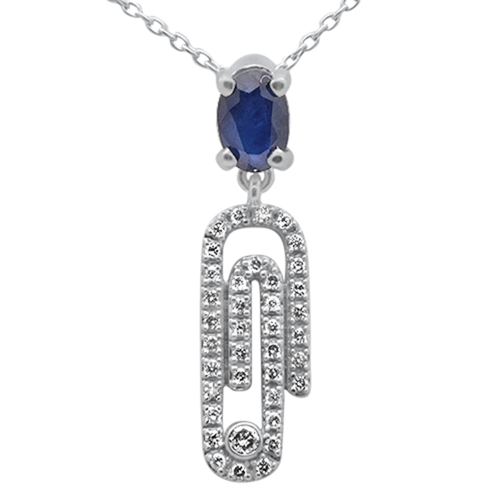 GEMSTONE CLOSEOUT!  .82ct G SI 14K White Gold Oval Blue Sapphire Gemstone & Diamond Paperclip Pendant Necklace 18"