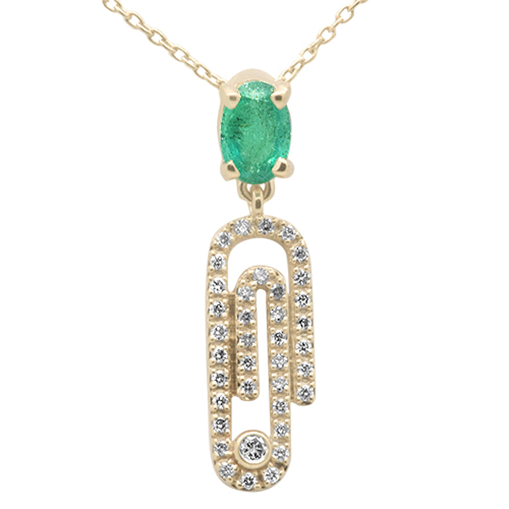 GEMSTONE CLOSEOUT ! .66ct G SI 14K Yellow Gold Oval Emerald Gemstone & Diamond Paperclip Pendant Necklace 18"