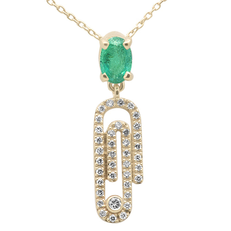 GEMSTONE CLOSEOUT ! .66ct G SI 14K Yellow Gold Oval Emerald Gemstone & Diamond Paperclip Pendant Necklace 18"