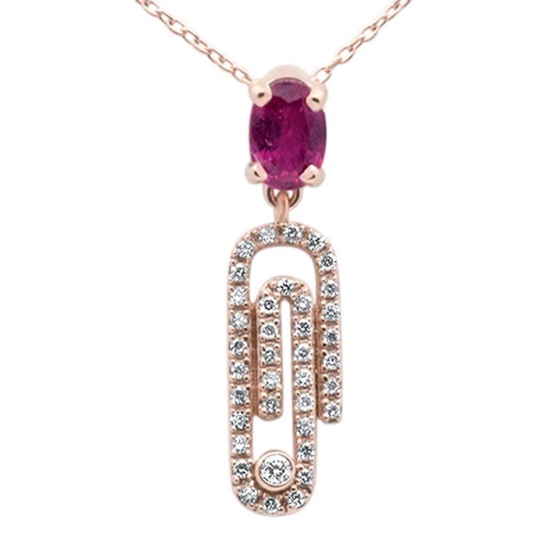 GEMSTONE CLOSEOUT!  .92ct G SI 14K Rose Gold Oval Ruby Gemstone & Diamond Paperclip Pendant Necklace 18"
