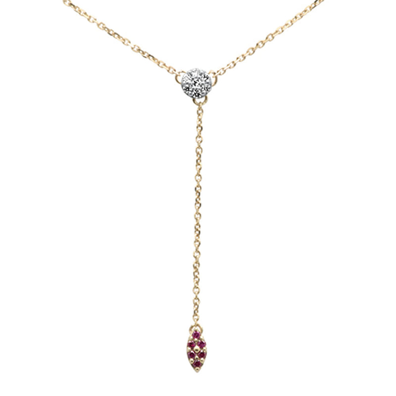 DIAMOND CLOSEOUT!  .12ct G SI 14K Yellow Gold Diamond & Ruby Gemstone Lariat Pendant Necklace 18" Long