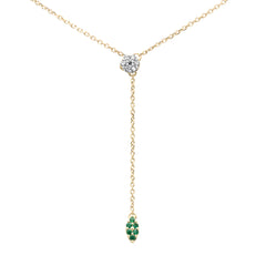 .11ct G SI 14K Yellow Gold Diamond & Emerald Gemstone Lariat Pendant Necklace 18" Long