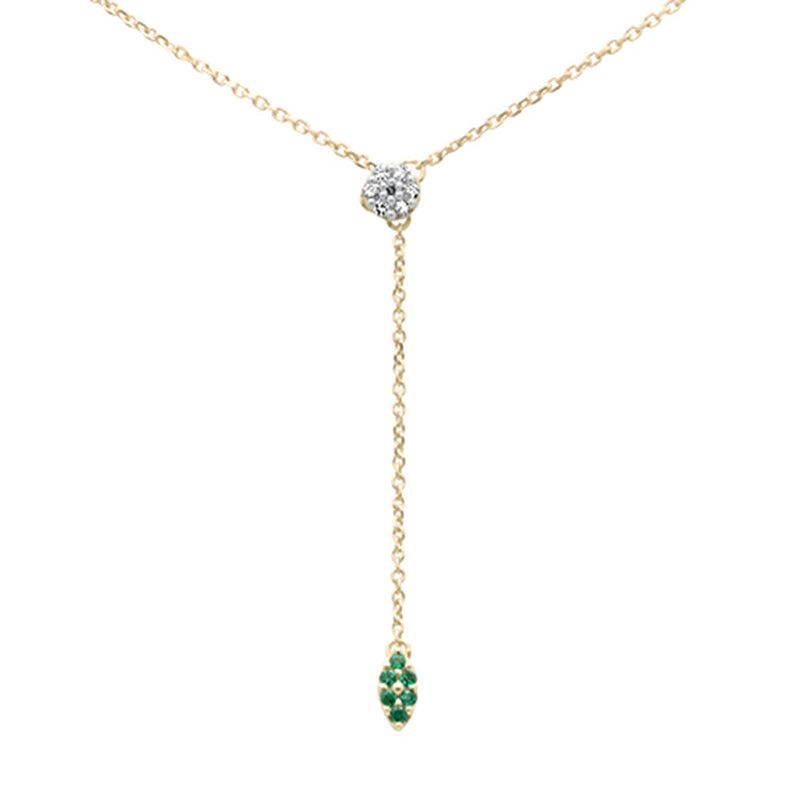 .11ct G SI 14K Yellow Gold Diamond & Emerald Gemstone Lariat Pendant Necklace 18" Long