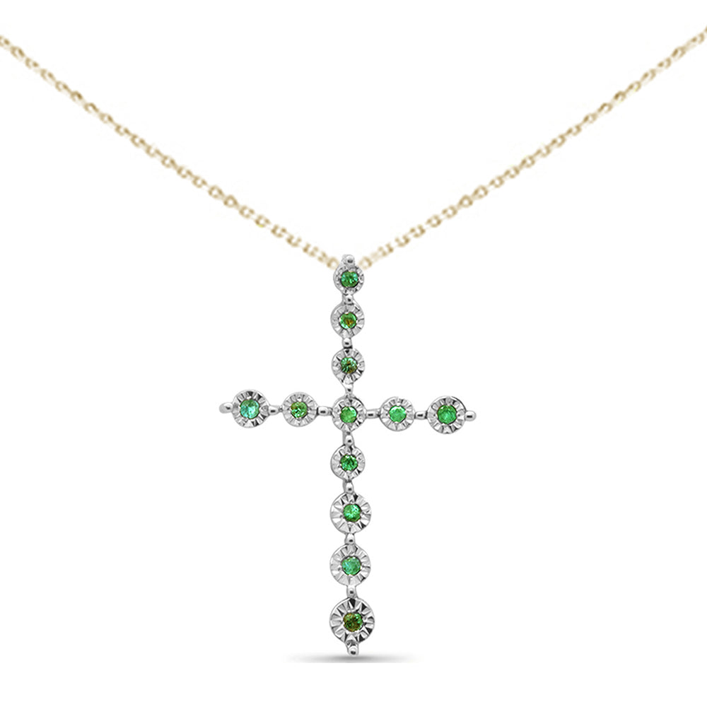 SPECIAL! .09ct G SI 14K Yellow Gold Emerald Gemstone Cross Charm Pendant Necklace 18" Long
