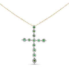 SPECIAL! .09ct G SI 14K Yellow Gold Emerald Gemstone Cross Charm Pendant Necklace 18" Long
