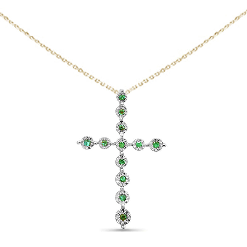 SPECIAL! .09ct G SI 14K Yellow Gold Emerald Gemstone Cross Charm Pendant Necklace 18" Long